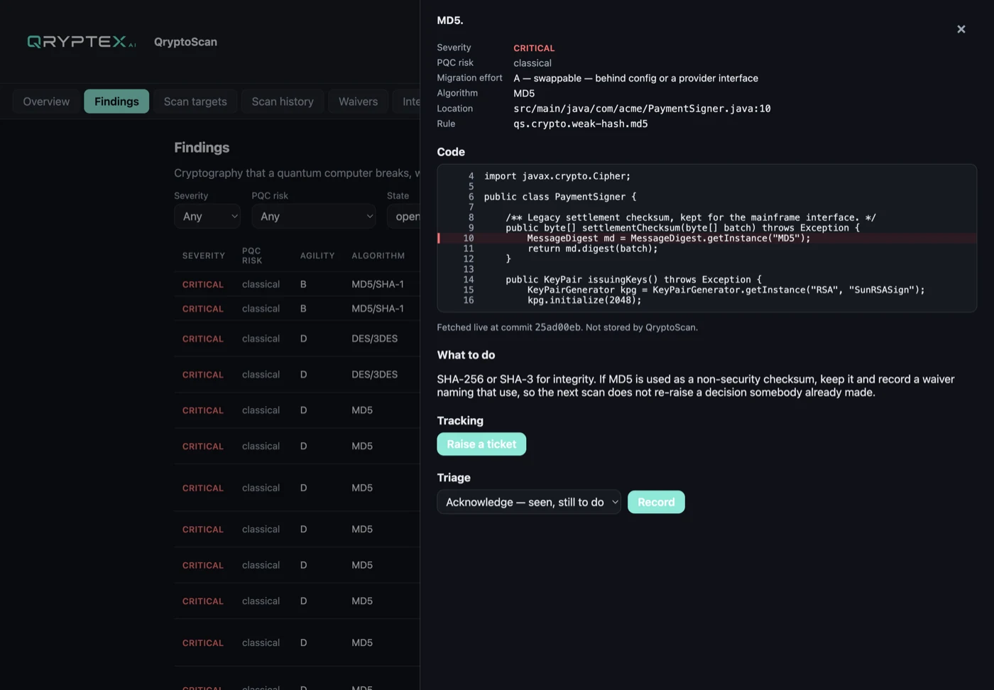 One finding, with the code and what to do about it
